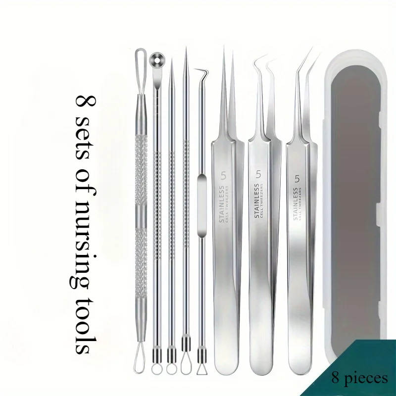 مجموعة مكونة من 8 قطع من ملاقط حب الشباب بمشبك خلية وإبرة حب الشباب لإزالة البثور والرؤوس السوداء - أدوات تجميل احترافية للعناية بالوجه