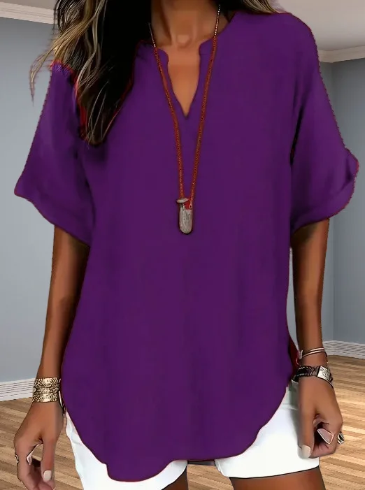 

Women Fashion Solid Color Notched Top Ladies Casual Short Sleeve Summer V-Neck Blouse Shirt Tops Blusas De Mujer Ofertas Blusas