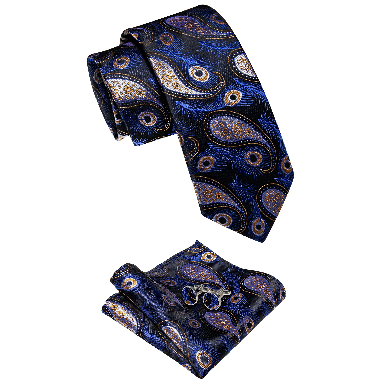 Luxury Men Blue Necktie галстук Gold Paisley Pocket Square Cufflinks Set for Man Business Party Groom Wedding corbatas para homb