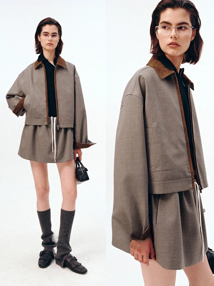 

Retro YASAKO Wool Blend Jaet Skirt Pants ort f Skirt "Wutong Street" Mixed Fabric Vintage Sle Women's Coat