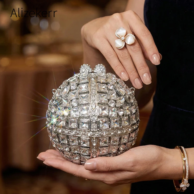 Alizekerr Ball Shaped Crystal Evening Bags Women New Boutique Bling Rhinestone Metallic Clutch Purses And Handbags Wedding Party