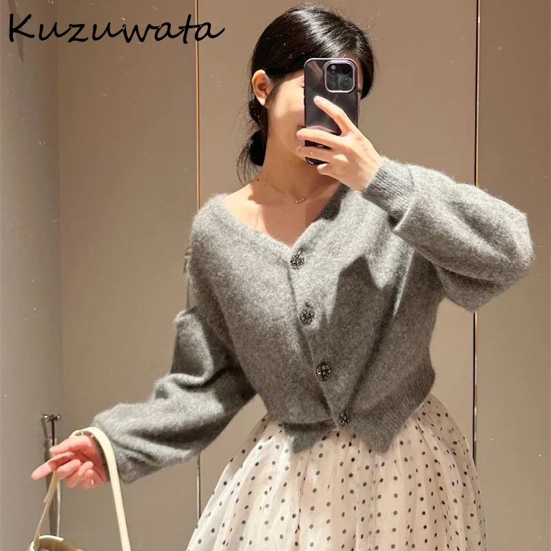 Kuzuwata V Neck Puff Sleeve Loose Elegant Jumper Voile Shoulder Strapless Patchwork Casual Sweaters Japan Button Sweet Moda Tops