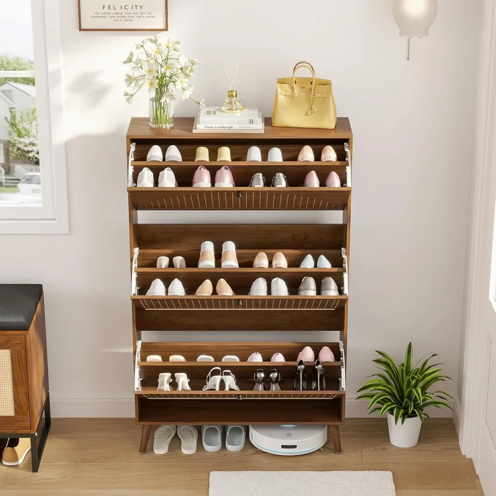 خزانة تخزين الأحذية الخشبية قائمة بذاتها مع 3 أدراج للمدخل وتصميم اللوحة المخددة