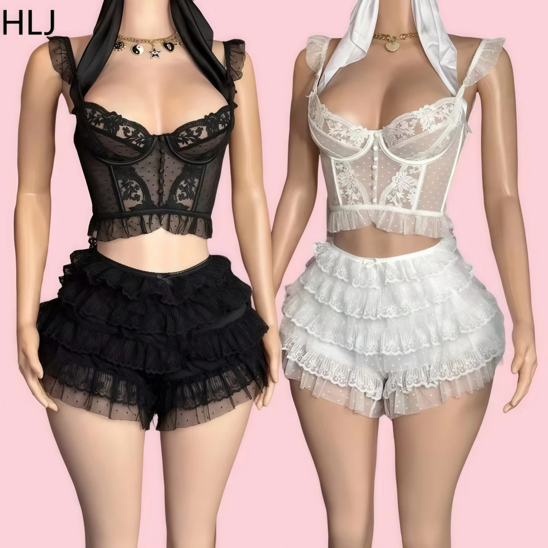 

HLJ Lace Sexy Embroidery Sheer Two Piece Sets For Women Thin Strap Tank Top And Ruffle Mini Skirts Shorts Outfits Party Clubwear