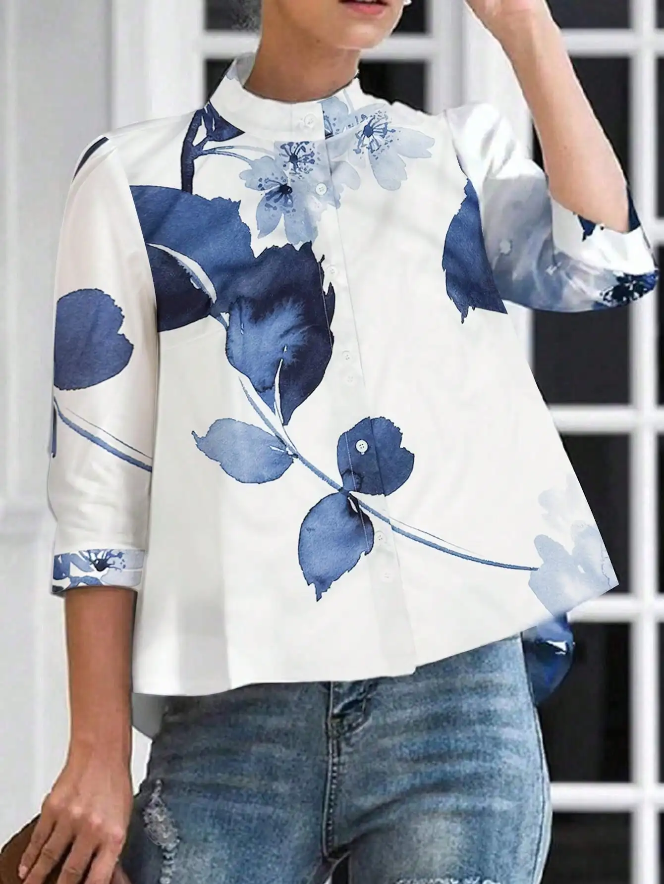 Plus Size Women Stand Collar Blouse 3/4 Sleeve Button Down Printed Shirt Loose Fit Elegant Daily Office Wear Ladies Casual Tops
