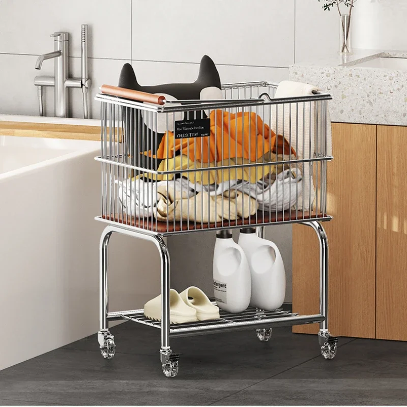 For Middle-aged Style Narrow Storage Cart‌ 3-in-1 Hamper/Shoe Rack/Mobile Trolley for Bathroom Dirty Laundry Basket Multifunctio