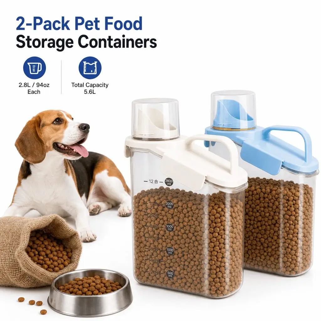 2-Pack Pet Food Dispenser Containers With Measuring Cups, Airtight Pantry Organizer For Kibble And Treats