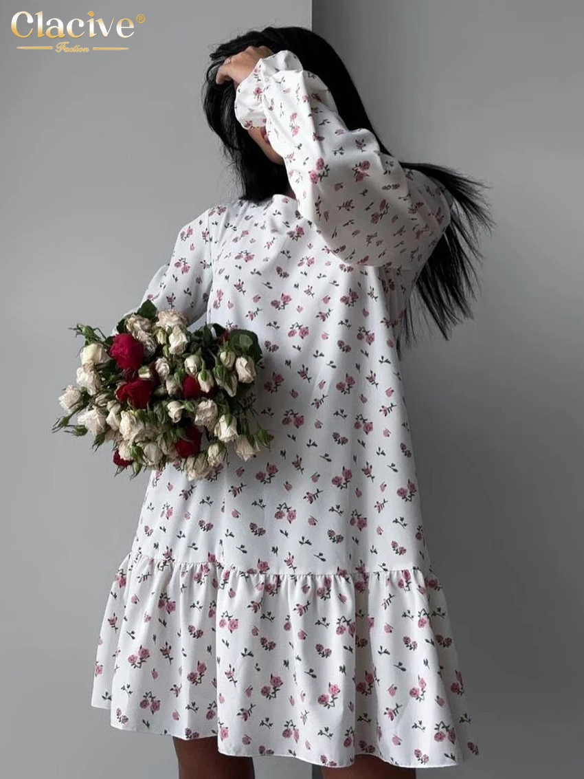 

Clacive Fashion Loose Print Women's Dress 2025 Casual O-Neck Long Sleeve Mini Dresses Elegant Classic Pleated Female Dress