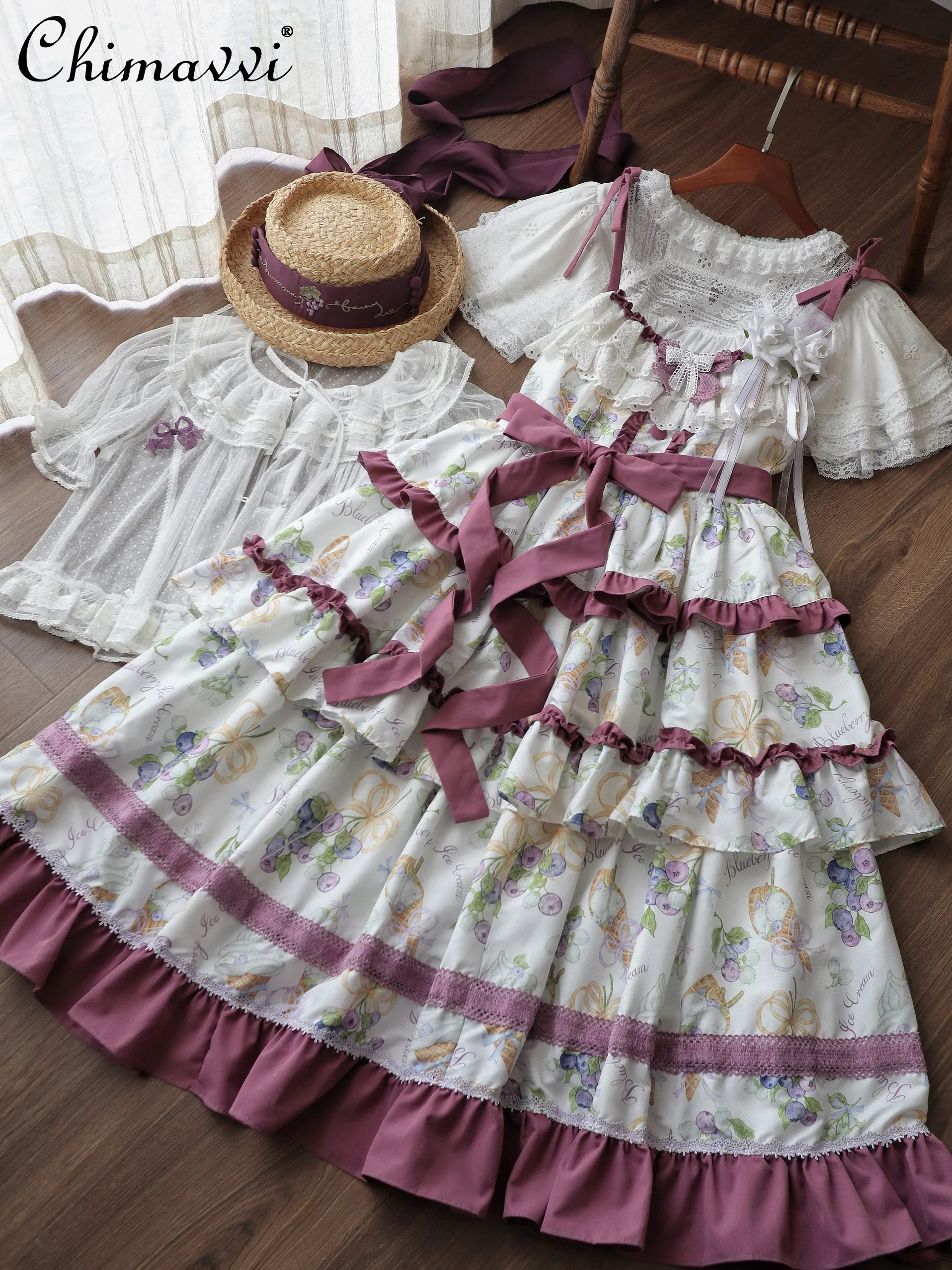 

Original Sweet Blueberry Print Suspender Lolita Dress 2025 Spring and Summer New Cute Girl High Waist Elegant Lo Long Cake Dress