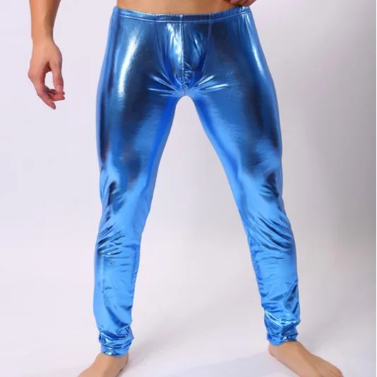 

Glossy Men's Fuax PU Pants Gays Low Waist Sexy Silky Nylon Imitation Patent Leather Trouser Slim Fit Nightclub Stage Performance