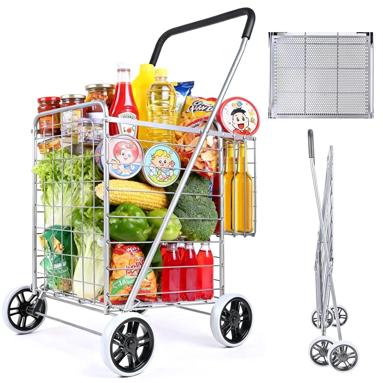Folding Shopping Cart with Double Baskets, Collapsible Grocery Rolling Utility Cart on Wheels, Metal Trolley, Customized