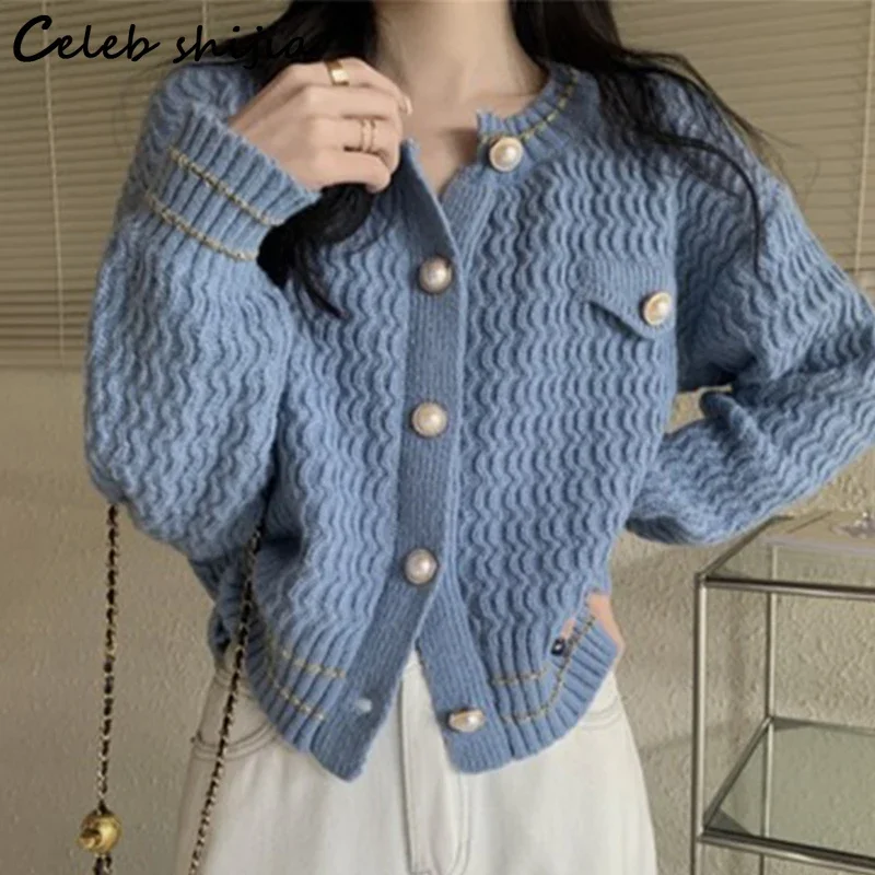 Blue Knitted Cardigan Women Autumn Open Stitch Sweater Coat Female O-neck OL Vintage Winter Clothes Women Korean