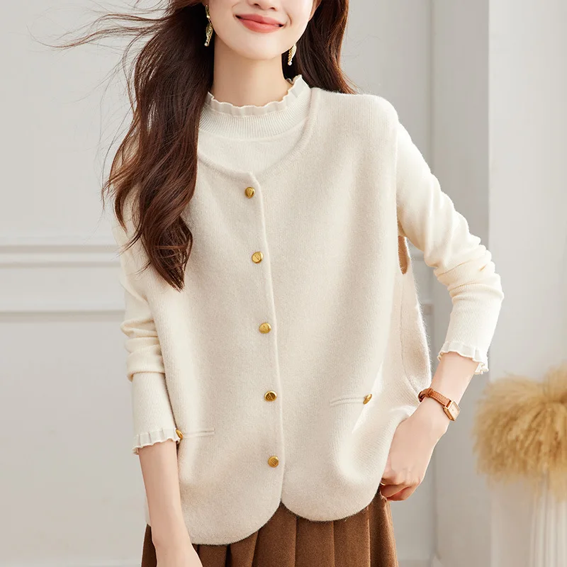 Modny dzianinowy okrągły kardigan bez rękawów damski jesienny nowy styl koreański uniwersalny lekki długi sweter