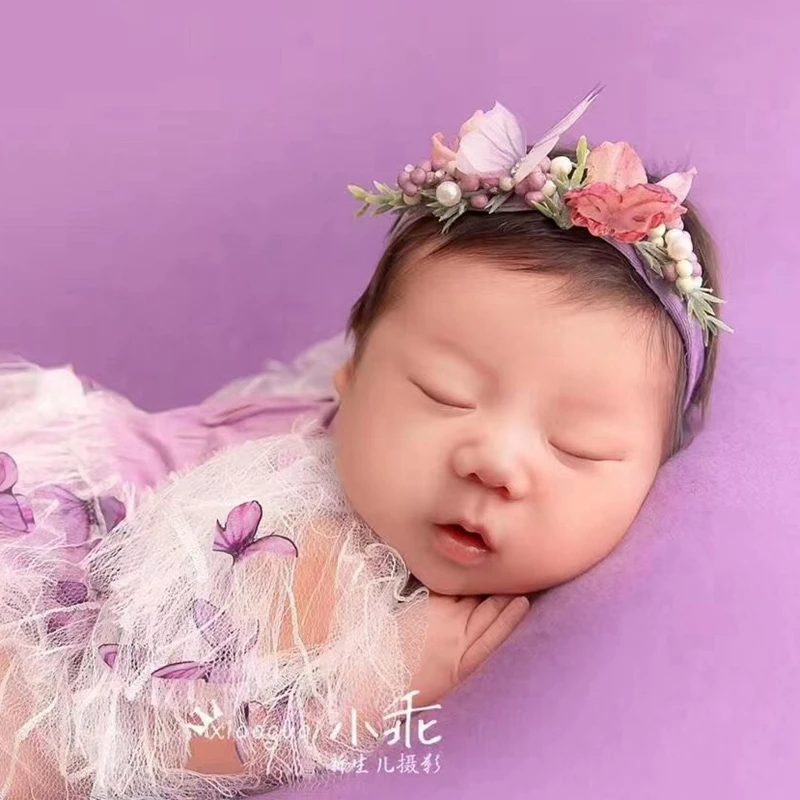 Newborn Butterfly Headband for Photography Props Handmade Baby Girl Headwrap Pearl Baby Tieback Studio Photo Hair Accessories