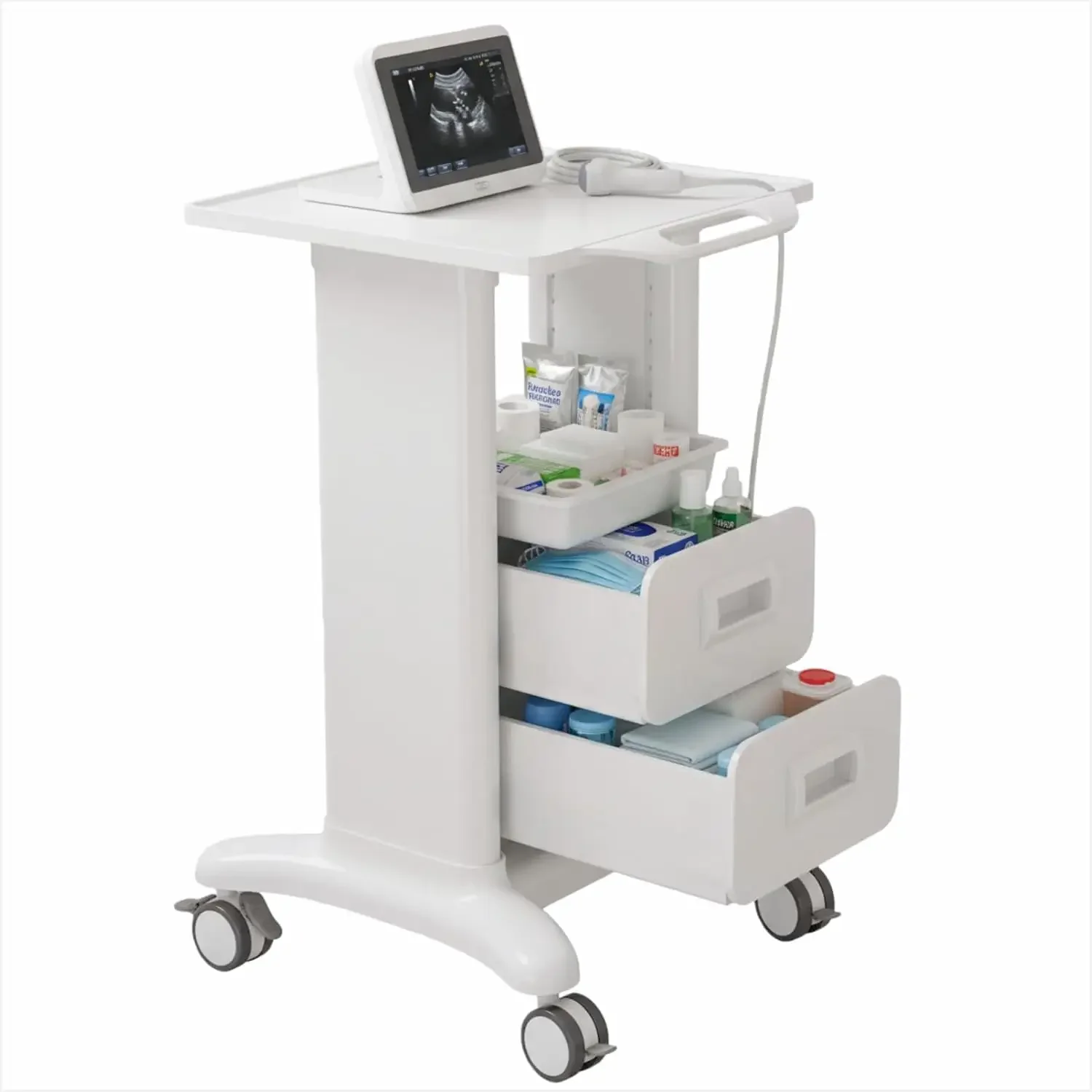 Mobile Ultrasound Cart With 2 Drawers&Top Tray ABS Utility Trolley 220 LBS Load Portable Storage With Lockable Wheel For Lab