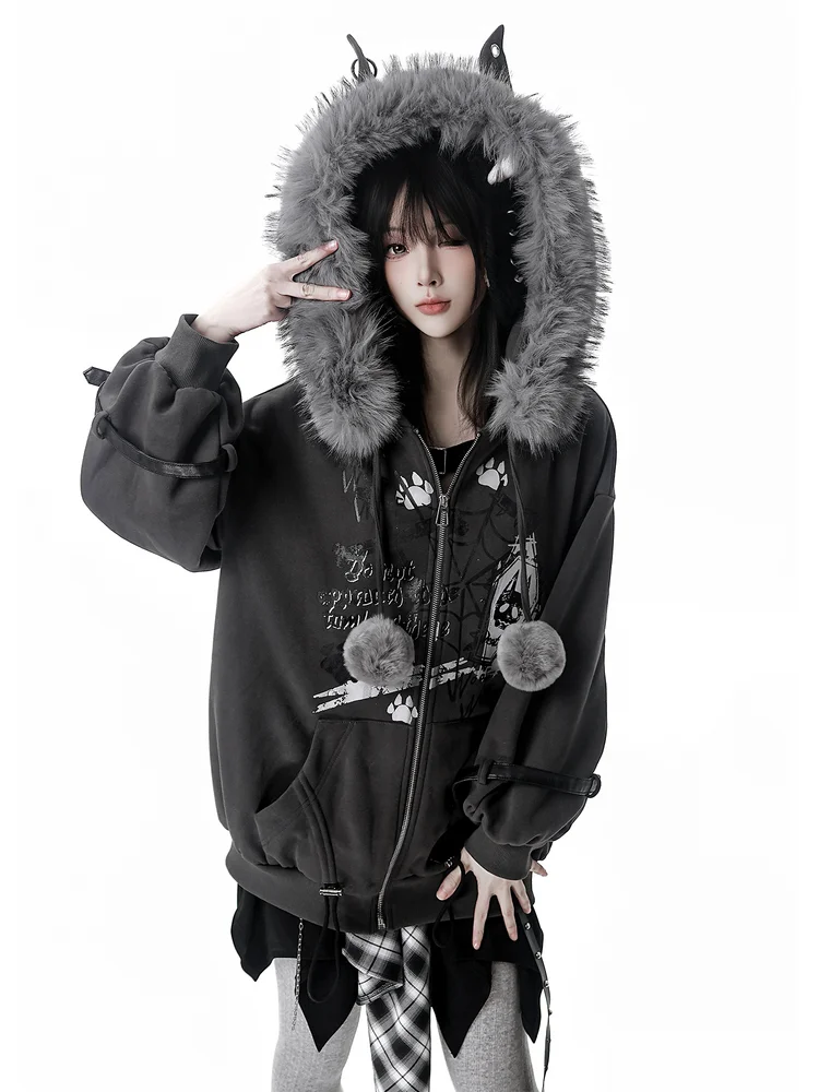 

Зимний меховой воротник, темно-серая бархатная куртка с полуюбкой, комплект японской ретро-стильской Лолиты для девочек