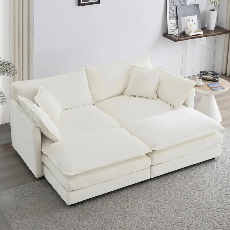 

76.7" Deep Seat Sectional Cloud Sofa with 2 Ottomans & Soft Pillows, Loveseat Modular Couch for Living Room, Apartment