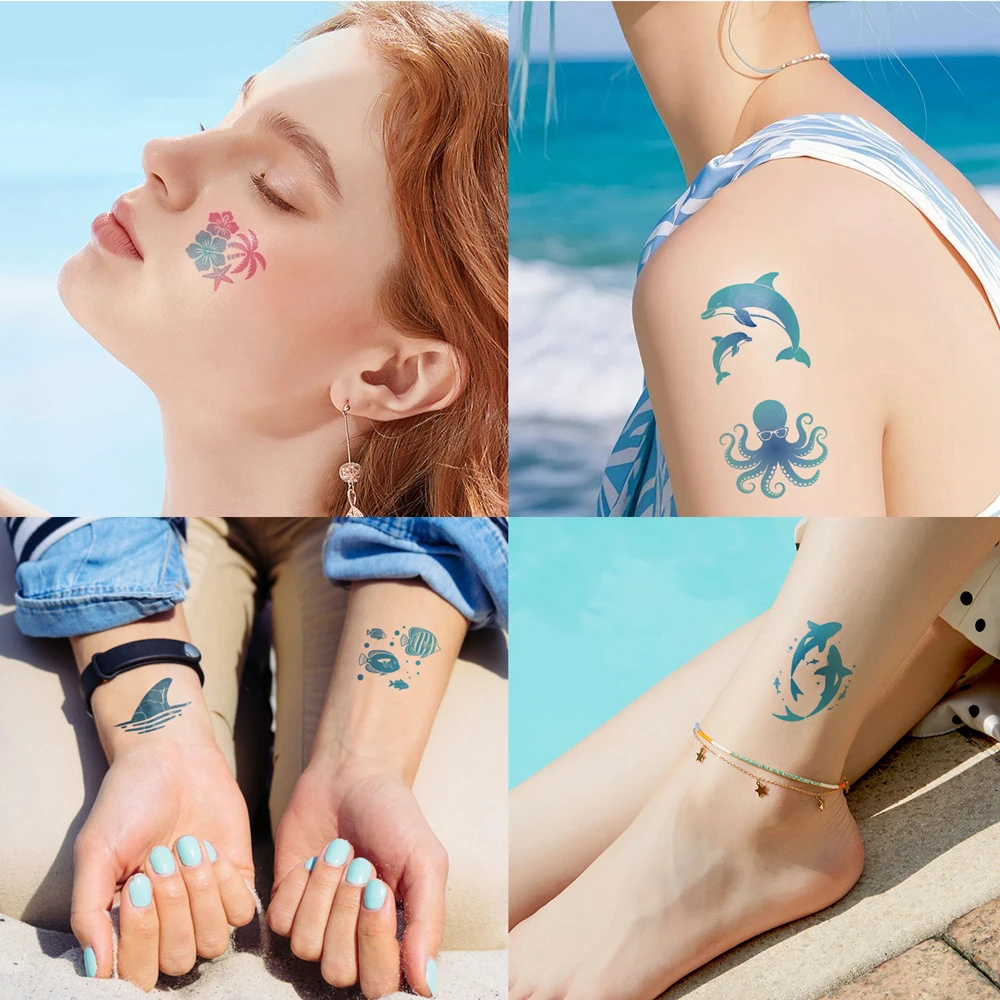 10 Sheets Waterproof Fish Starfish Ocean Theme Beach Body Stickers Temporary Tattoos For Women Body Art Tattoo Stickers