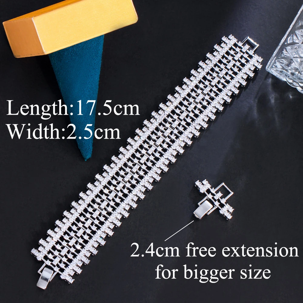 BeaQueen Festival Fashion Wide Bracelets with Large Full Rhinestone Cubic Zirconia Luxury Bridal Wedding Jewelry for Women B251