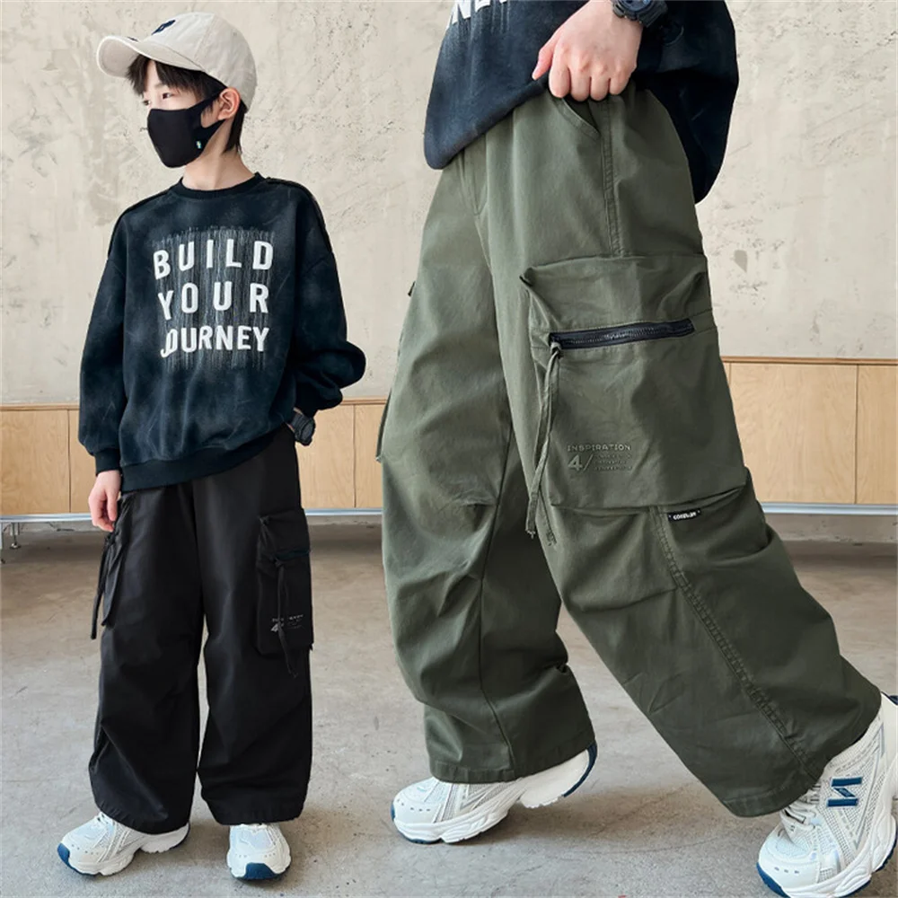 Z1318 Korean Wide Leg Pants Street Dance Pants Boys' Casual Pants Children's Side Pockets Kid Cargo Pants Street Dance Pants