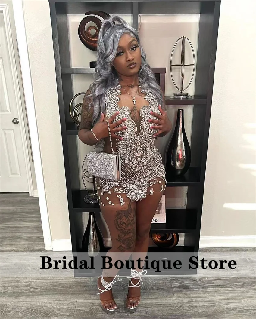 Seksowne świecące czarne diamenty krótka sukienka na studniówkę brokatowe kryształy Rhinestone koralik urodziny suknia koktajlowa Vestidos dostosowane