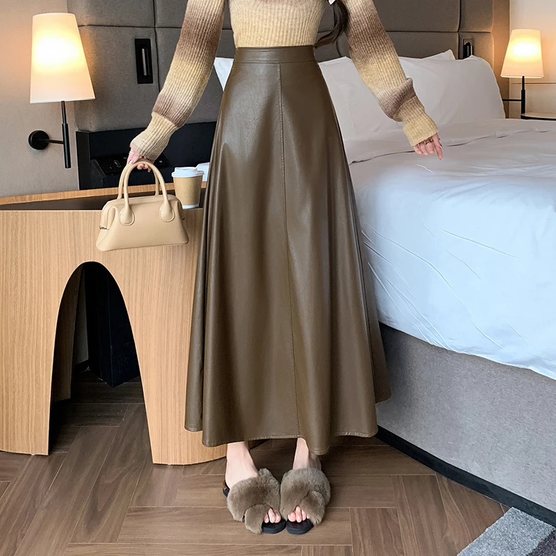 Schwarzer Rock aus PU-Leder für Damen, 2025, luxuriöse Herbst-Winter-Kleidung, hohe Taille, A-Linie, ausgestellter Rock, Vintage, schlanke lange Röcke für Damen