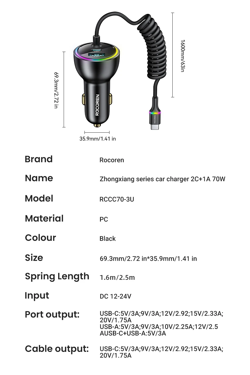 Rocoren 70W USB-Autoladegerät, schnelles Laden, PD 35W USB-C-Autoladegerät mit Federladekabel, Typ-C-Autoladegerät für iPhone Xiaomi – Detail 27