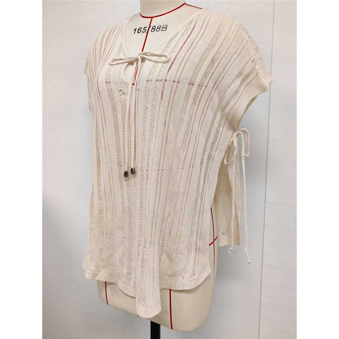 2026 Neues Kurzarm-V-Ausschnitt-Häkel-Strick-Tunika-Strandkleid-Überwurf-Strandkleid-Strandmode-Strandkleidung für Damen V8211 – Detail 19