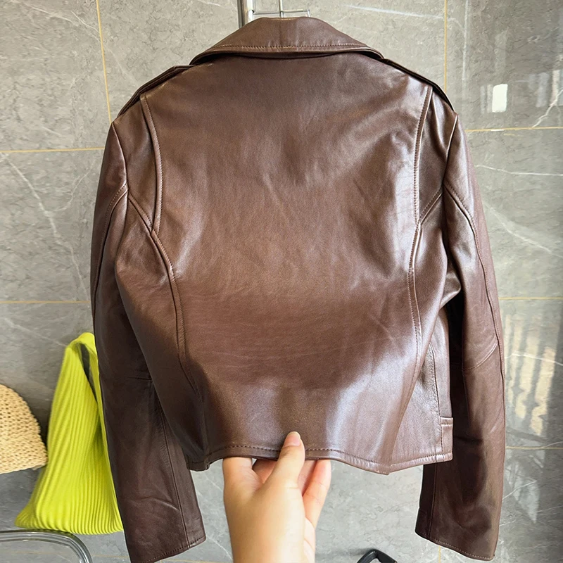 ผู้หญิง A-level Sheepskin เสื้อแจ็คเก็ตหลวมสบายๆรถจักรยานยนต์สั้น 2025 ฤดูใบไม้ร่วงหญิง 100% ของแท้หนังแจ็คเก็ต Outwear