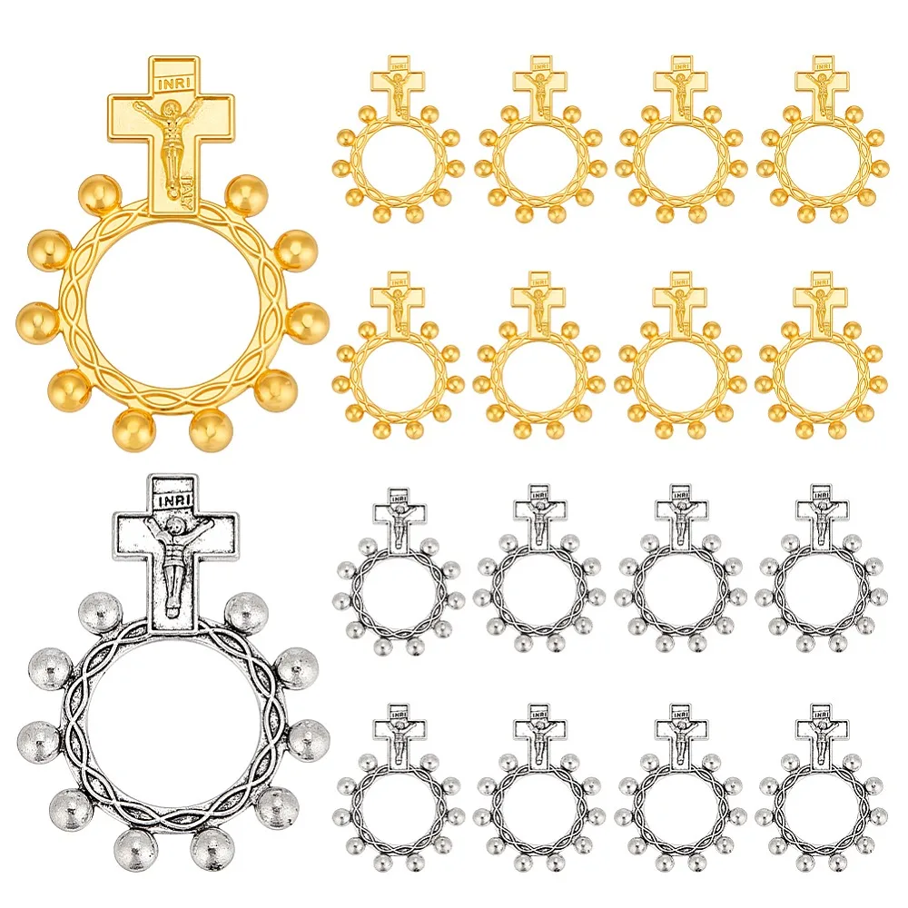 

30Pcs 2 Colors One Decade Rosary Zinc Alloy Big Pendants Crucifix Prayer Ring Mixed Color 43x32mm 15pcs/color