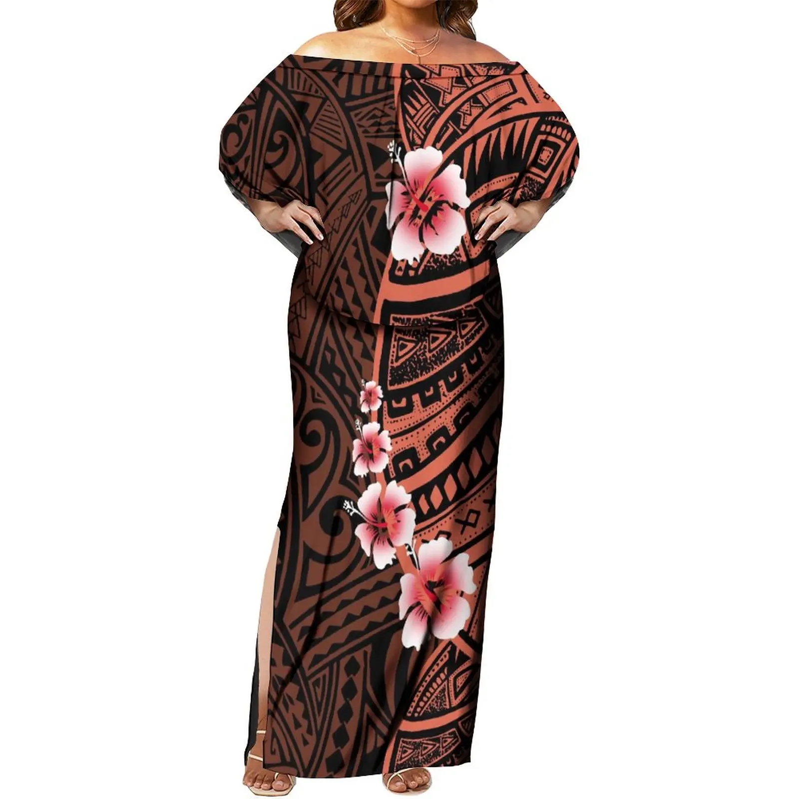 Mulheres Tribal Design plissado Off-a-ombro Capa Vestido, fenda em camadas, 6XL