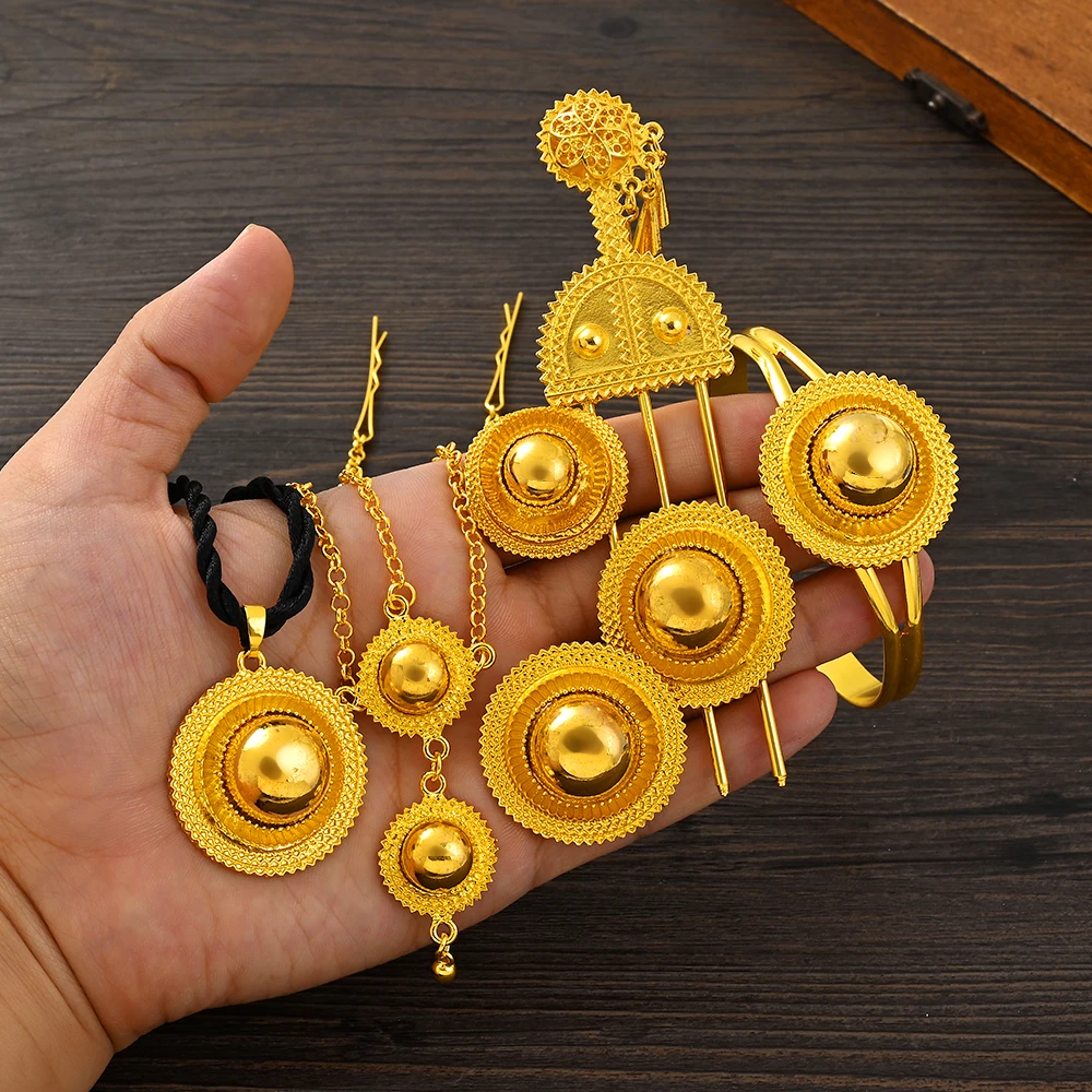 Luxury Gold Color Bridal Jewelry Sets Women Ethiopian Pendant Hairpin Necklace Earrings Bangle Ring Wedding Party Gift