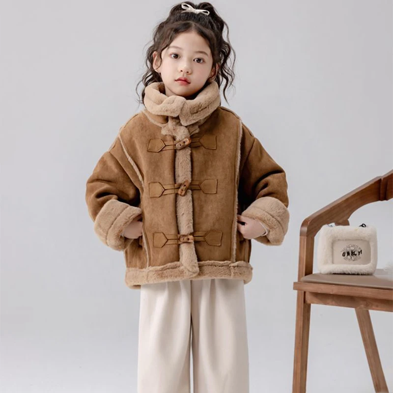 

Fashion Teen Girls Lambswool Jackets 2026 Winter New Kids Vintage Loose Thickened Deer Skin Velvet Fur Coats Children's Clothing
