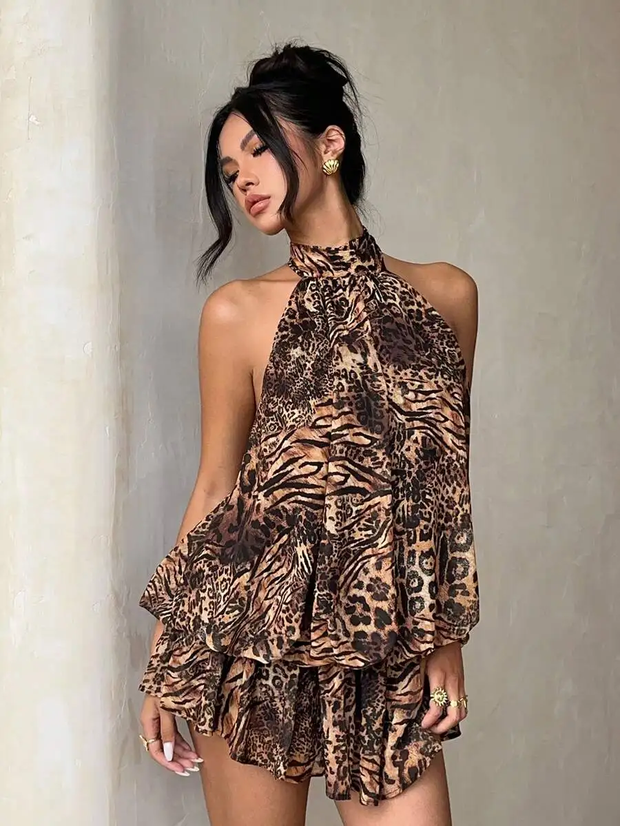 

Women Chiffon Halter Neck Leopard Print Ruffled Mini Dress For Party Night Out Summer