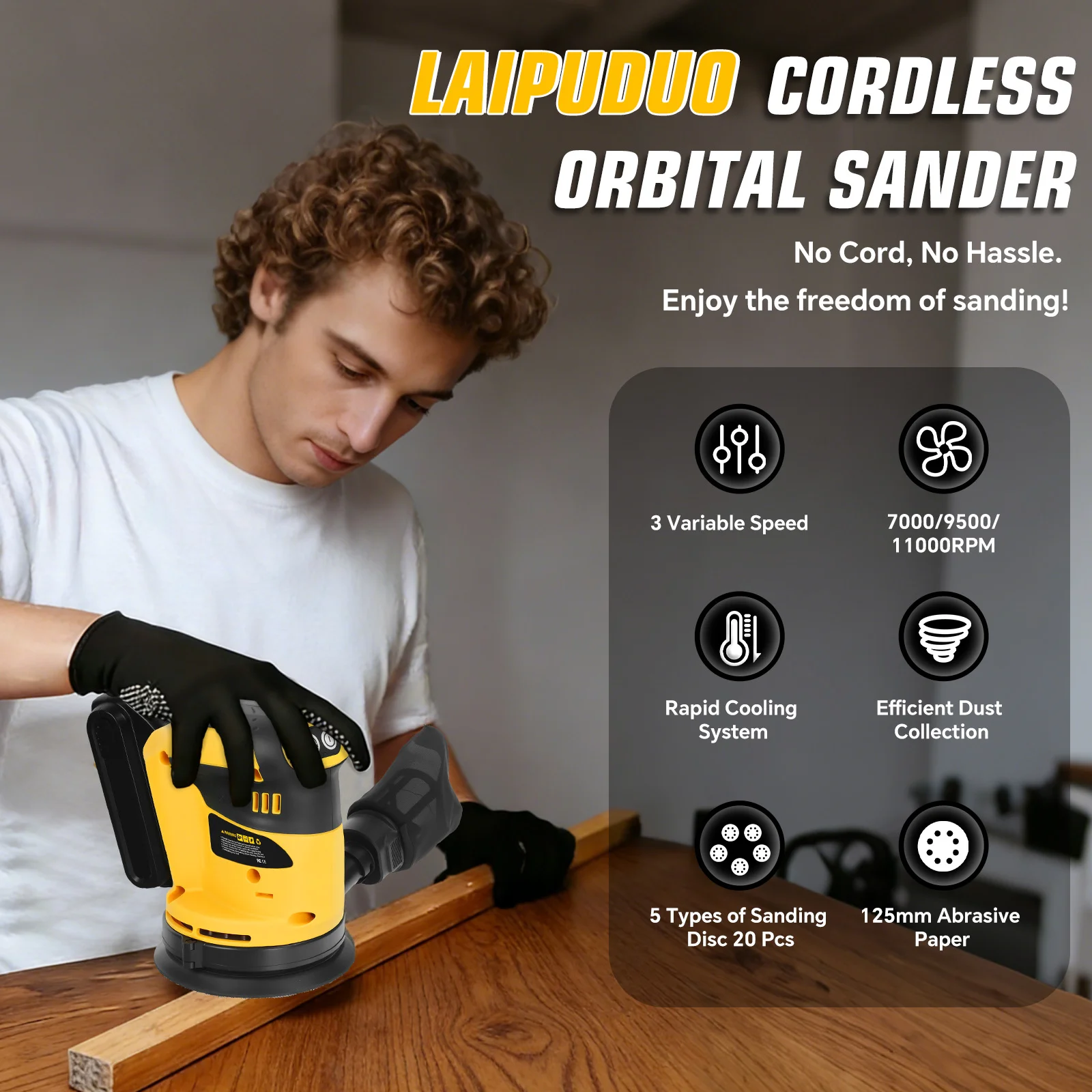 Electric Random Orbital Sander 125mm 3 Speed Wood Sanding Polishing Machine with 20Pcs Sandpapers for Dewalt 20V Battery Pin
