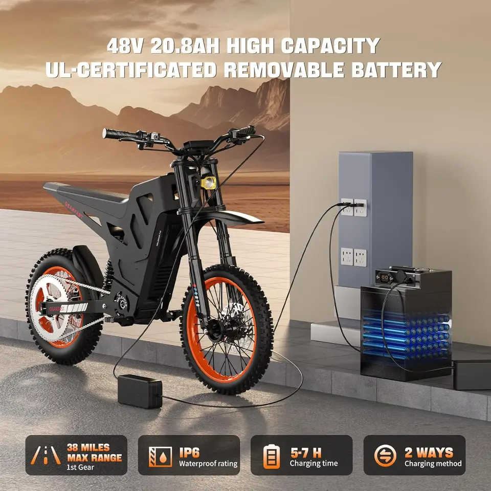Electric Dirt Bike for Teens Adults Age 13+, 3000W Peak Ebike, 36 Mph Speed, Equipped with 48V 20.8AH Battery,14"/12" Off-Road T image 8