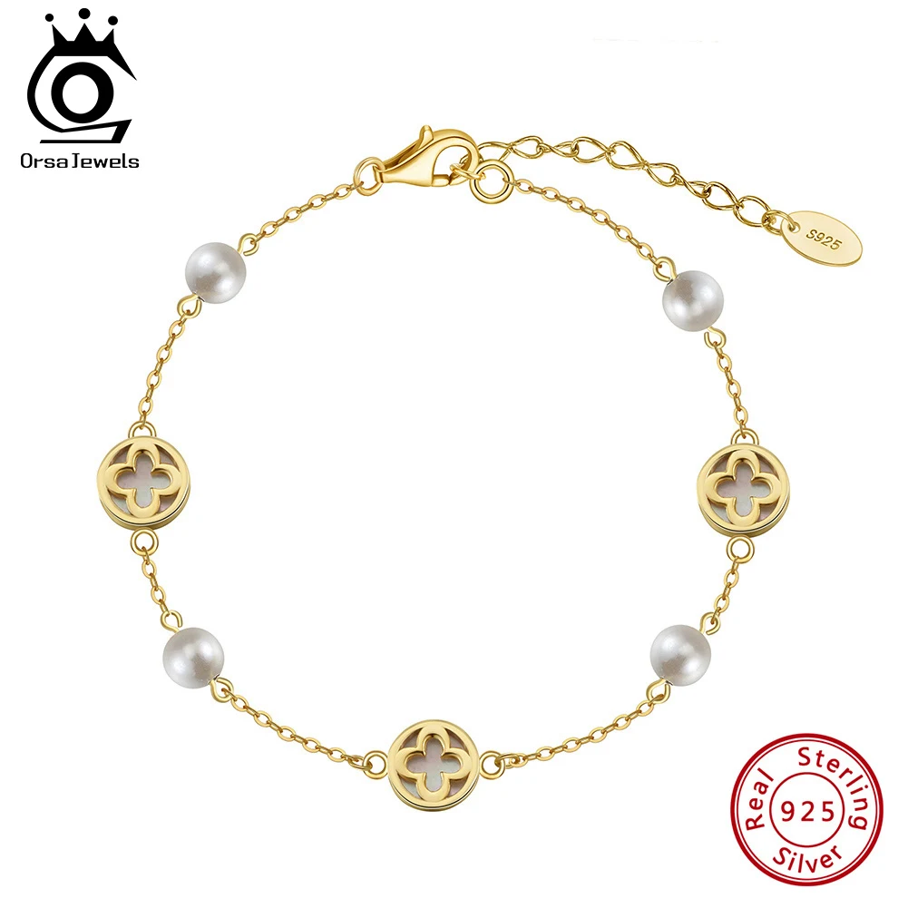 

ORSA JEWELS 5mm Round Shell Bracelet 14K Gold Plated 925 Sterling Silver Four-leaf Flower Chain Bracelets for Women Gift GMB70