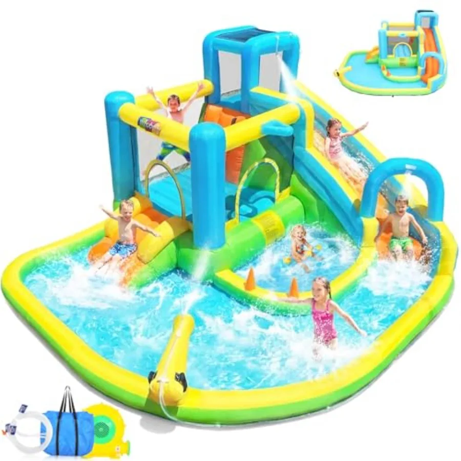 

Inflatable Water Slide for 3-12 Outdoor Backyard Water Park with Deep Splash Pool Dual Slides Racing Game Water Cannon PVC Blue