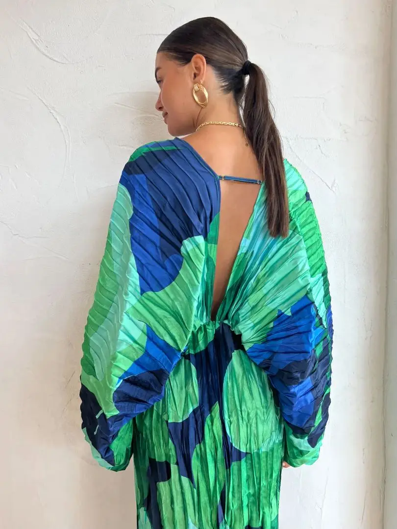 2024 Long Sleeve Pleated Loose Green Blue Beach Dress Long Beach Cover up Woman Swimwear Bikini Tunic Beachwear Outfit Sundress