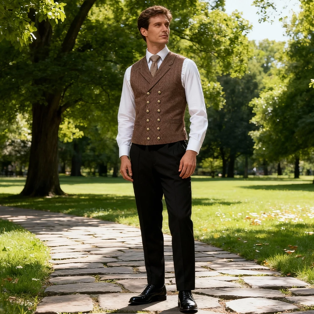 

Мужской жилет с лацканами и воротником, двубортный мужской костюм с узором «елочка», жилет с настоящим карманом, деловая мужская одежда на свадьбу