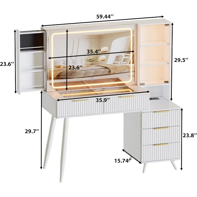 Makeup Vanity Desk with  Vanity Table with 5 Drawers,Sliding Storage Wall-Mounted Jewelry,3 Shelves for Bedroom,White