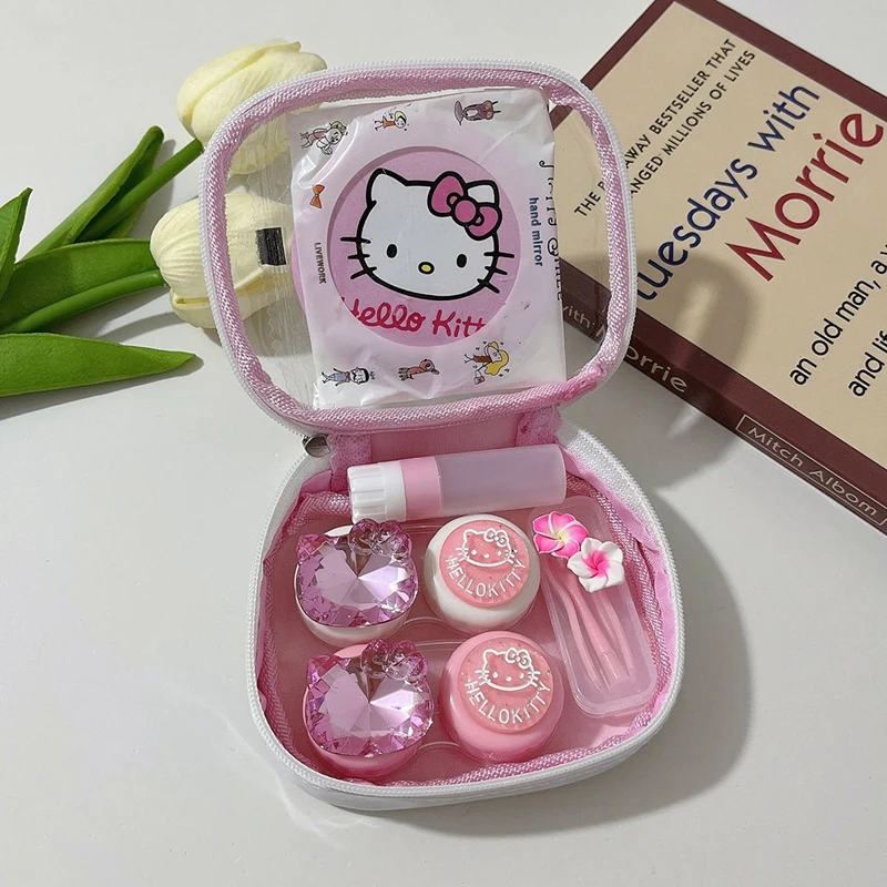 Kawaii Hello Kitty Contact Lens Case Cute Cartoon Portable Two Pairs of Pupil Storage Box Leakage Companion Box Girl Anime Gift