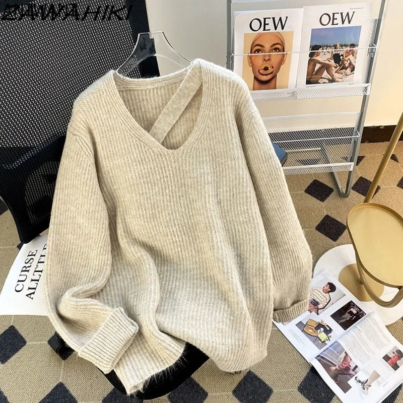 

ZAWAHIKI Solid Color V-neck Loose Fashion Korean Knitted Pullovers Fall Winter Designed Chic Y2K Aesthetic Casual Sweater Women