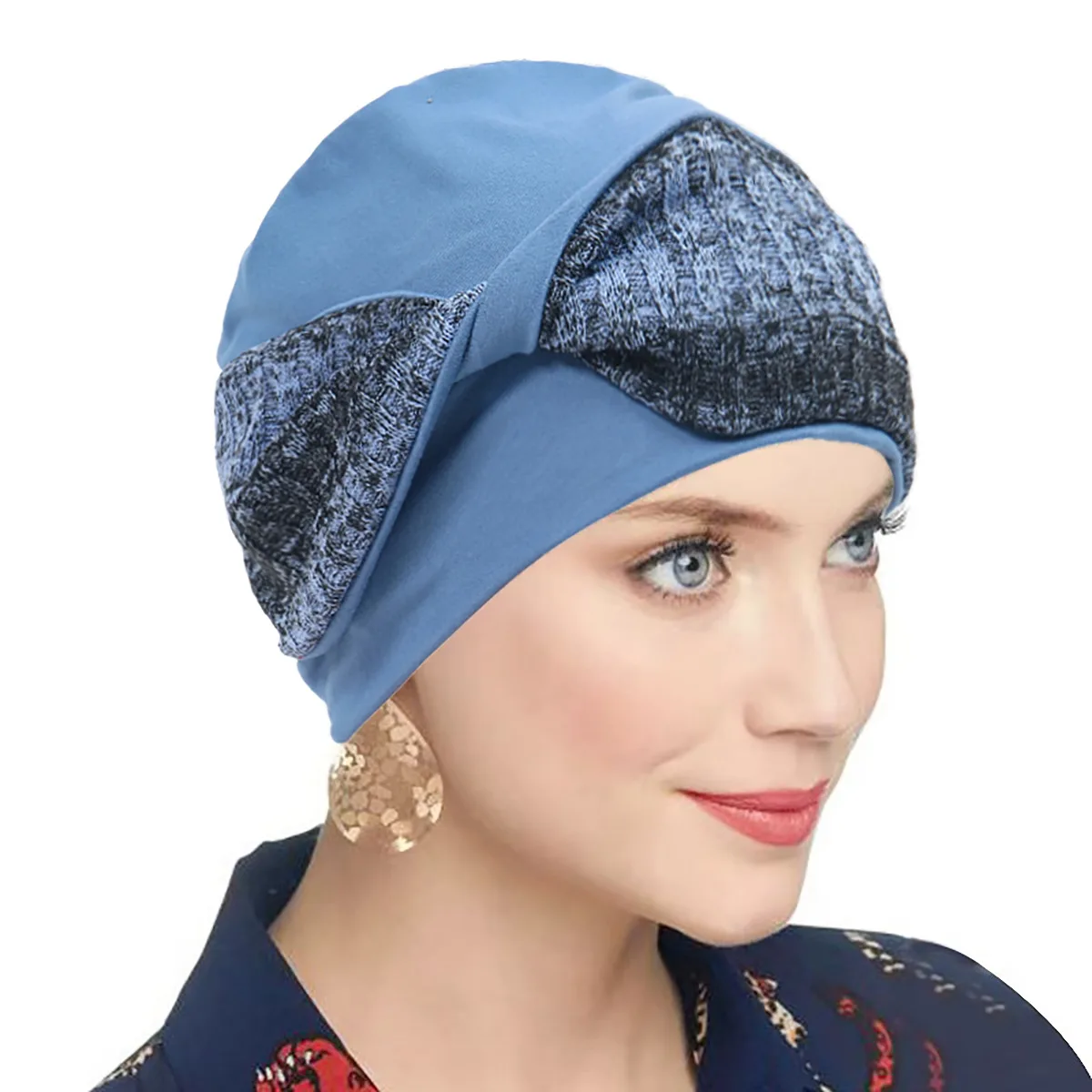 2pcs Fashion Women Spliced Knitted Twist Head Wrap Turban Hat Color Block Design Soft Decorative Beanie Cap For Hair Cover Arab