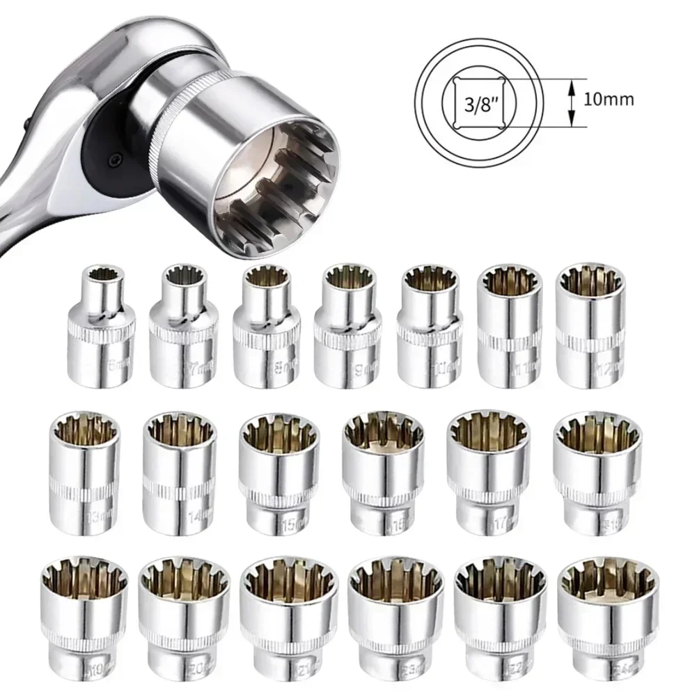 12 Point 12 Point Socket Bit Mirror Short Socket Head 3/8inch Drive Torx Bit Ratchet Wrench Adapter Torque Spanner 6-24mm