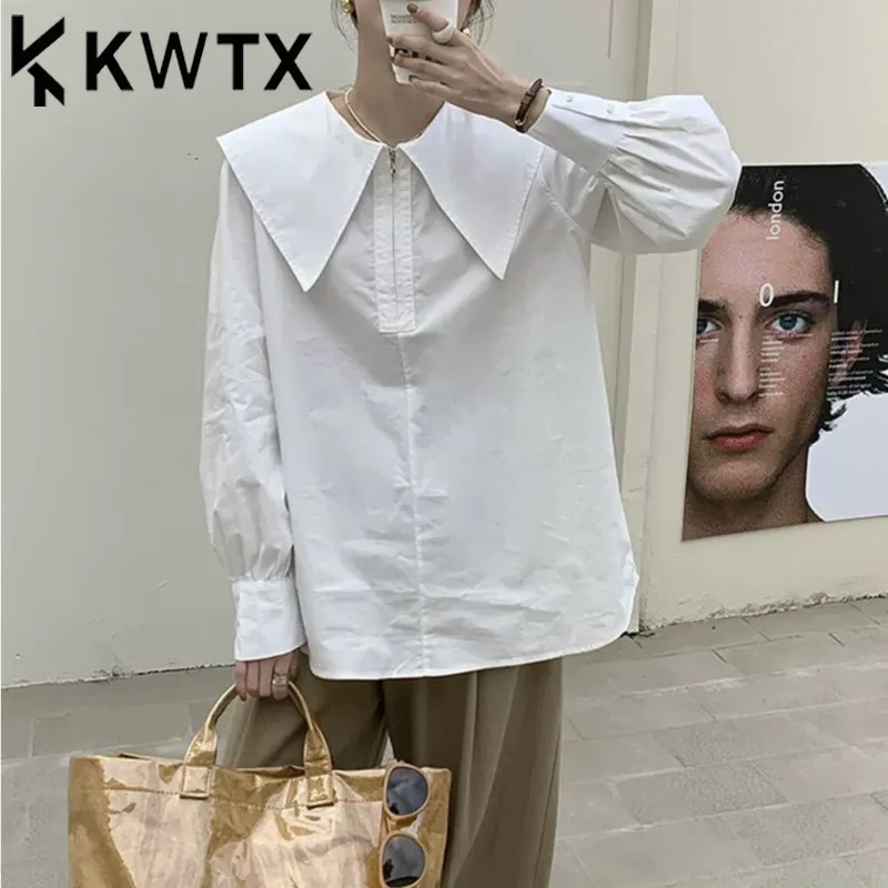 

KWTX Spring Summer Women's Casual Blouse Long-Sleeve Large-Collar Zipper Solid Elegant Chic Slim-Fit Comfortable Premium Luxury