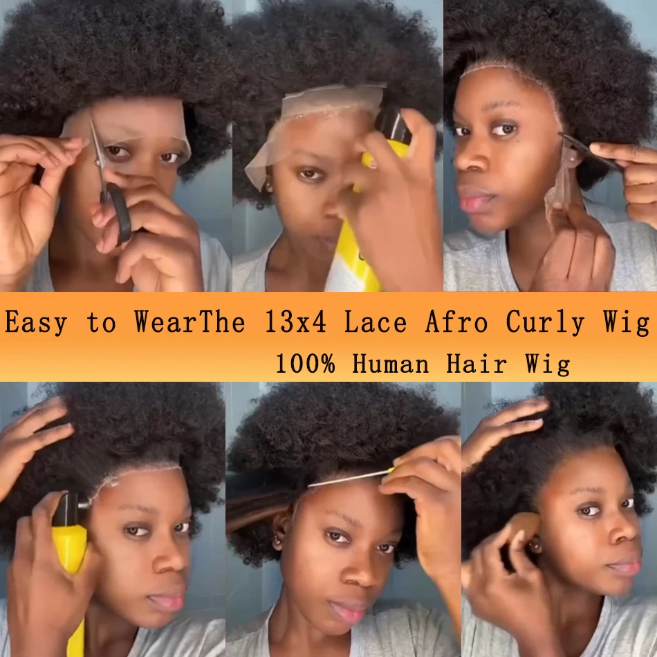 Short Afro Kinky Curly Hair Black Wigs for Black Women 13x4 Lace Frontal Afro Wig Premium Human Hair 180% Density 6 Inch