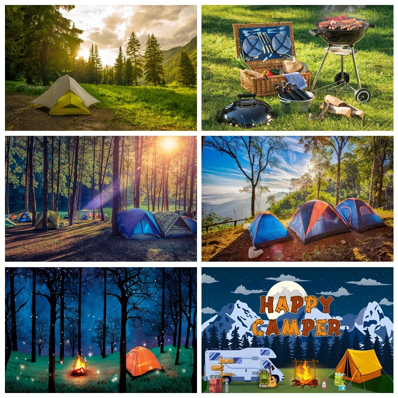 

Forest Camping Backdrops Photography Travel Scout Mountains Landscape Tent Background Campfire Birthday Party Decor Photocall