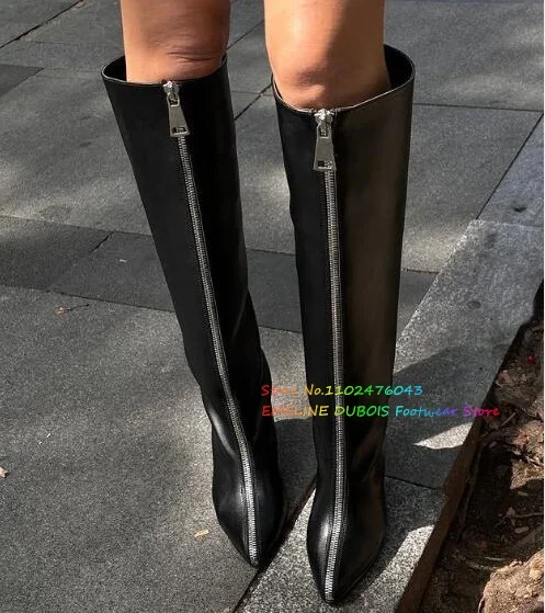 

Front Long Zipper Sauqre Heel Knee High Boot Women Pointy Toe Leather Chunly Heel 2.5cm Low Heel Party Dress Winter Warm Boot