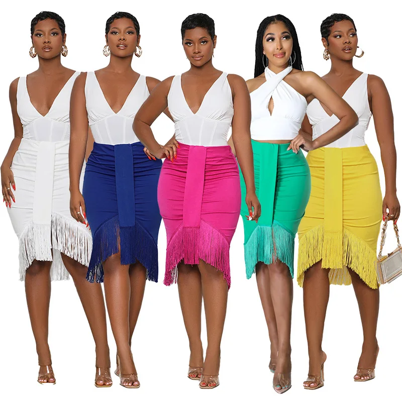 

New Tight High Waist Pleated Large Size Hip Dress Sexy Fringed One Step Dresses Women